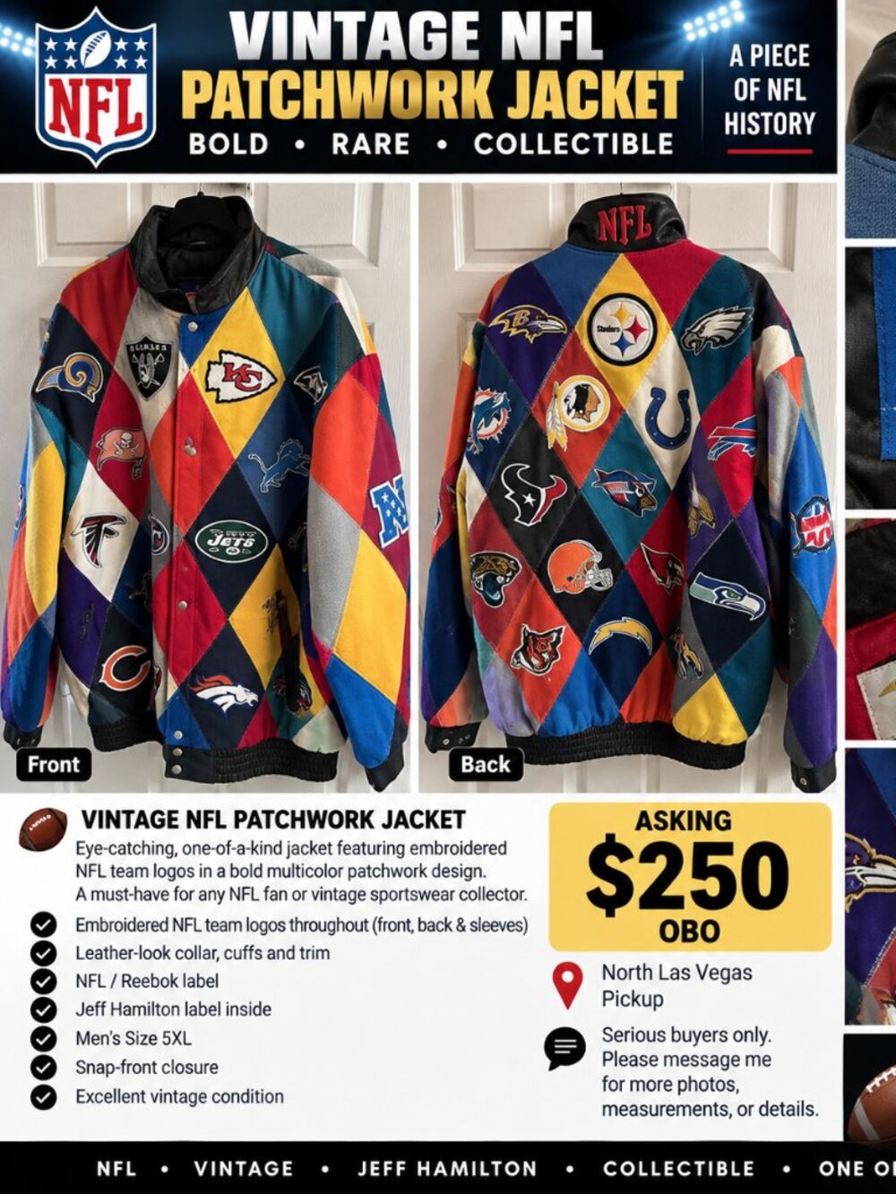 Vintage Jeff Hamilton NFL Patchwork Jacket Men’s 5XL Multicolor